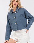 bytos Button Down Cropped Denim Jacket with Patch Pockets - Little Miss Vanilla