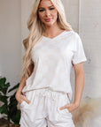 Beige Checkered V Neck Tee Drawstring Shorts Lounge Set