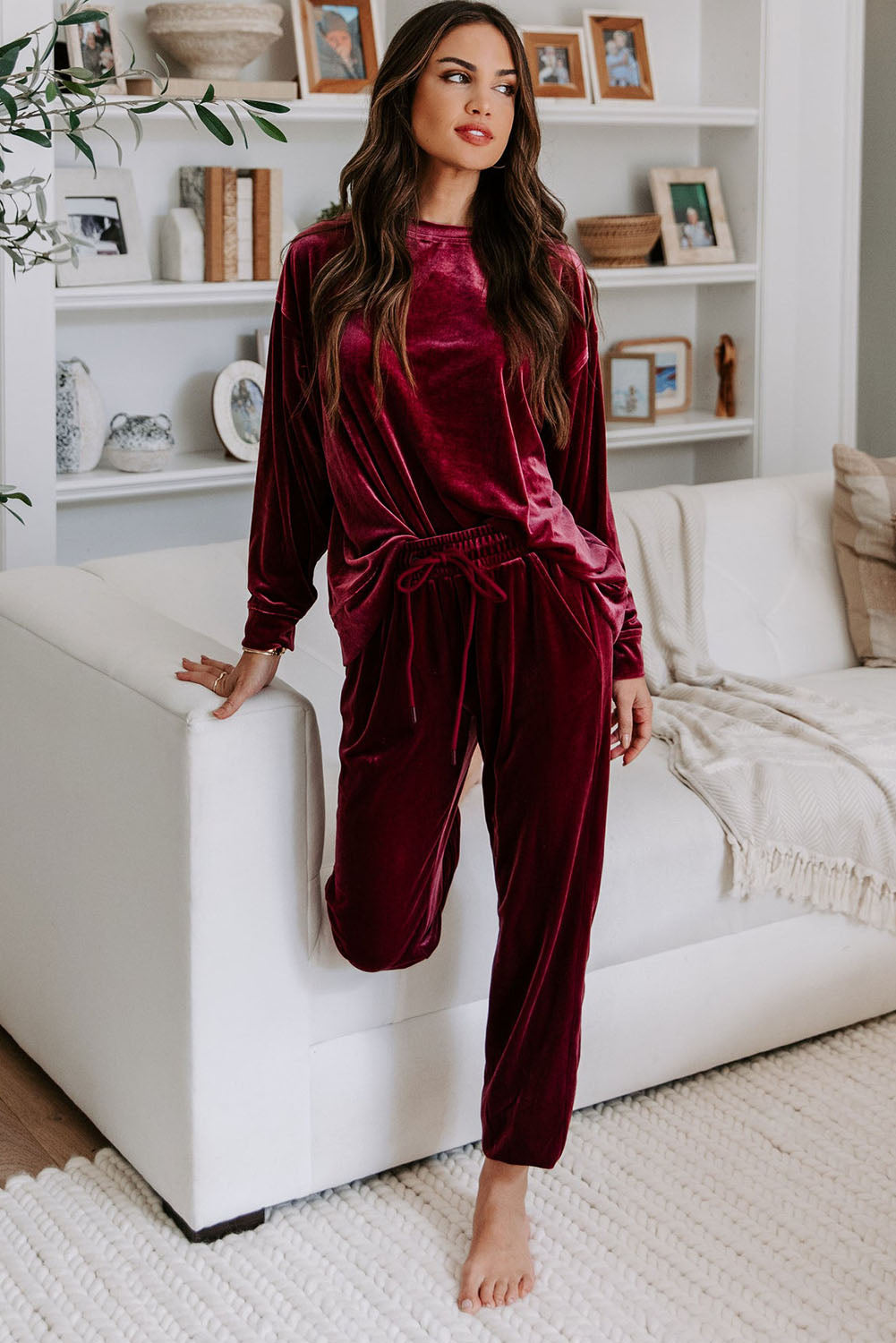 Fiery Red Solid Velvet Two Piece Lounge Set - Little Miss Vanilla