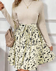 Beige Ribbed Knit Patchwork Printed Belted A-line Dress - Little Miss Vanilla