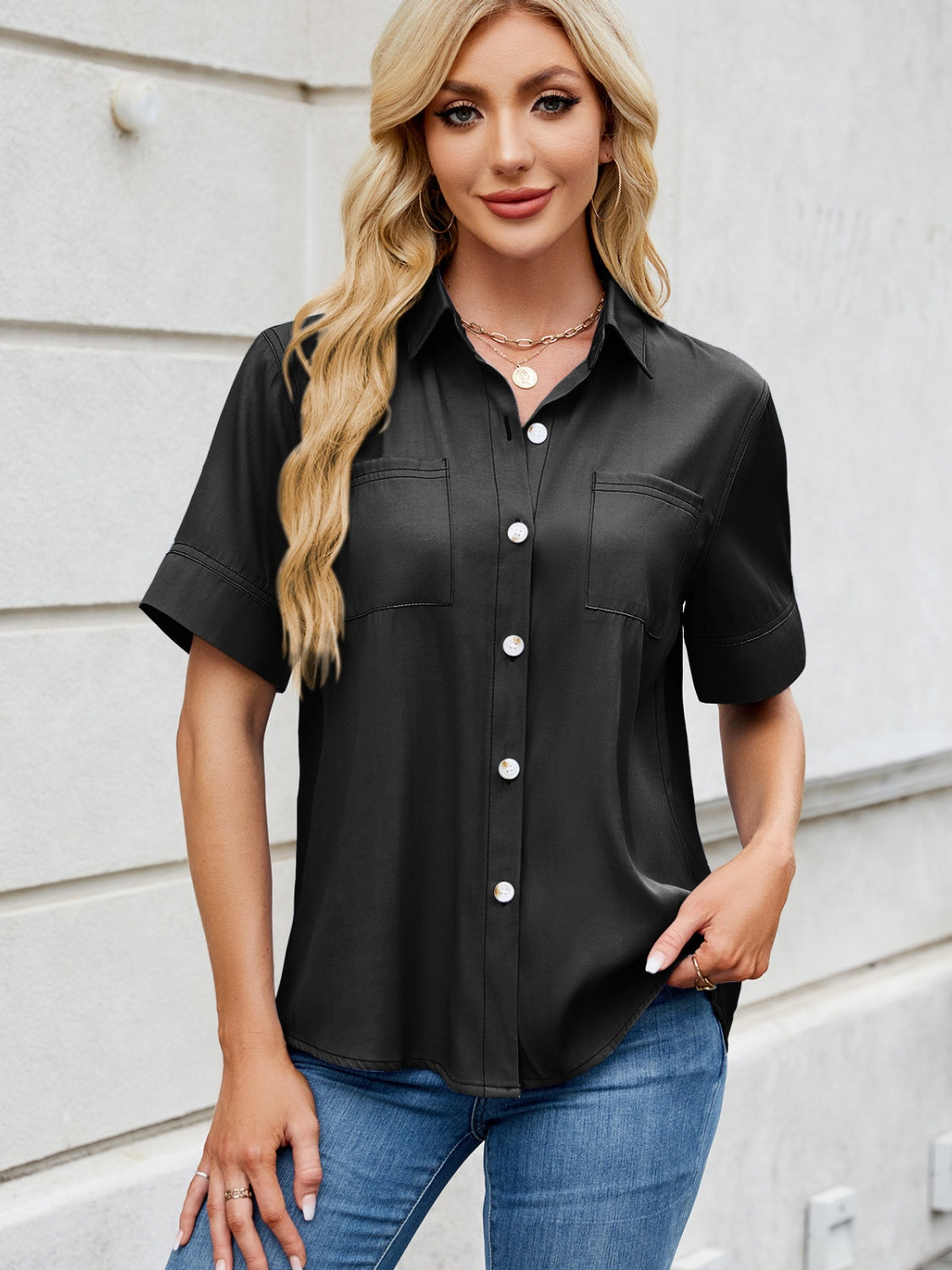 Collared Neck Short Sleeve Shirt - Little Miss Vanilla