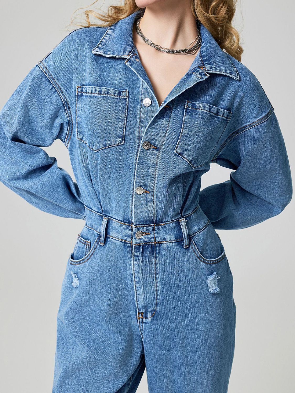 Distressed Button Down Drop Shoulder Denim Jumpsuit - Little Miss Vanilla