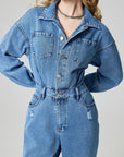 Distressed Button Down Drop Shoulder Denim Jumpsuit - Little Miss Vanilla