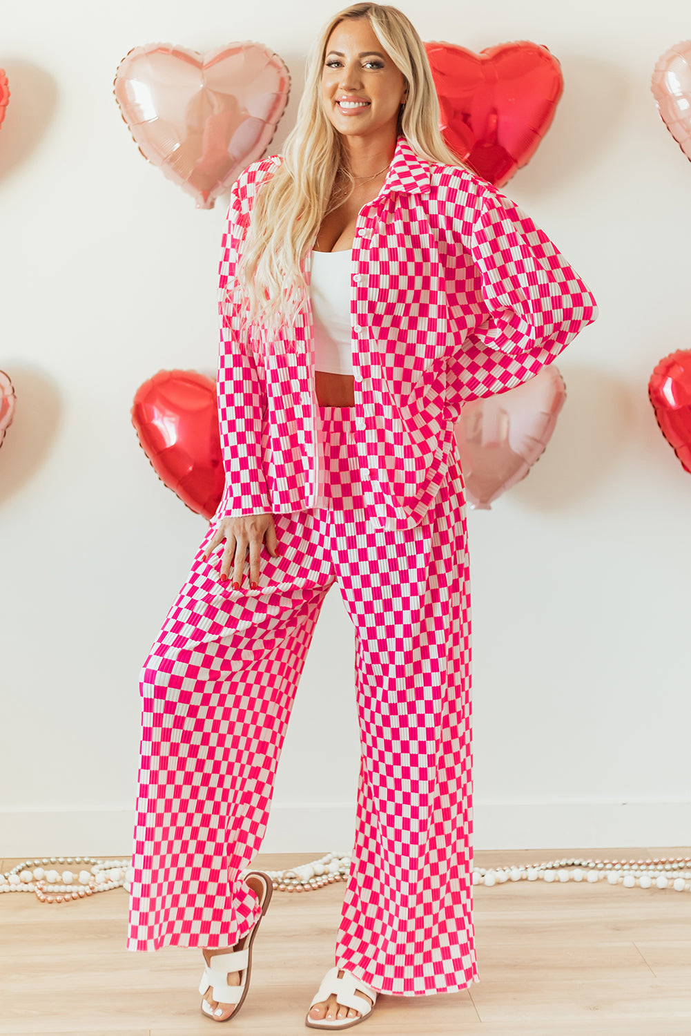 Pink Checkered Buttoned Shirt and High Waist Pants Pajama Set - Little Miss Vanilla