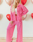 Pink Checkered Buttoned Shirt and High Waist Pants Pajama Set - Little Miss Vanilla