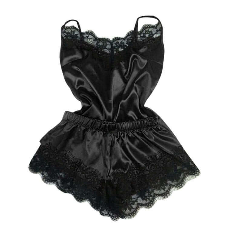 Black lace trim women&#39;s pajamas, sleek satin tube top and shorts set, perfect for stylish nighttime comfort.