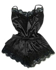 Black lace trim women's pajamas, sleek satin tube top and shorts set, perfect for stylish nighttime comfort.