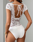 Perfee Lace Backless V-Neck Cap Sleeve Bodysuit - Little Miss Vanilla