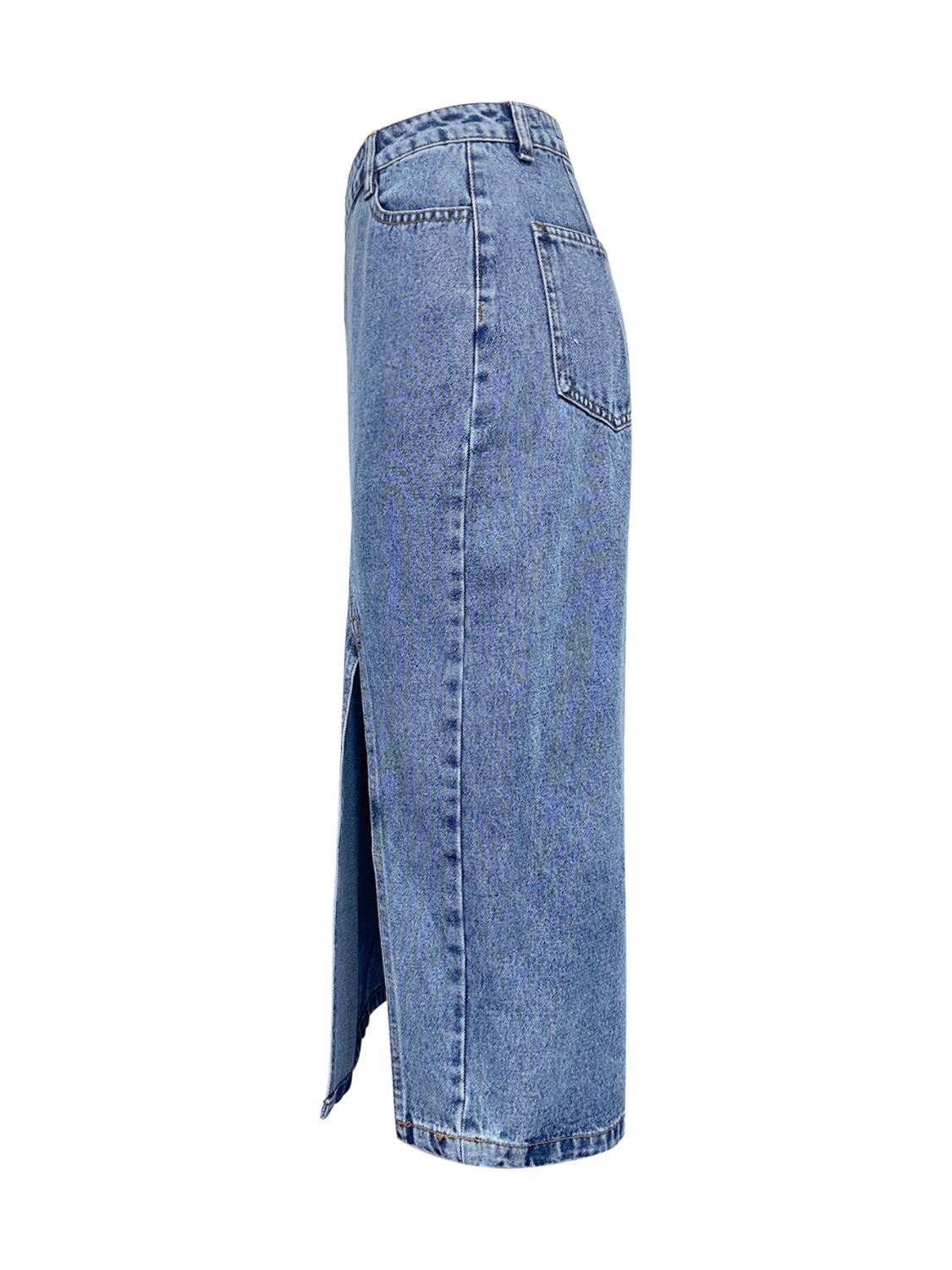 Slit Asymmetrical Waistband Midi Denim Skirt - Little Miss Vanilla