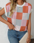 Mandy Checkered Round Neck Cap Sleeve Knit Top - Little Miss Vanilla