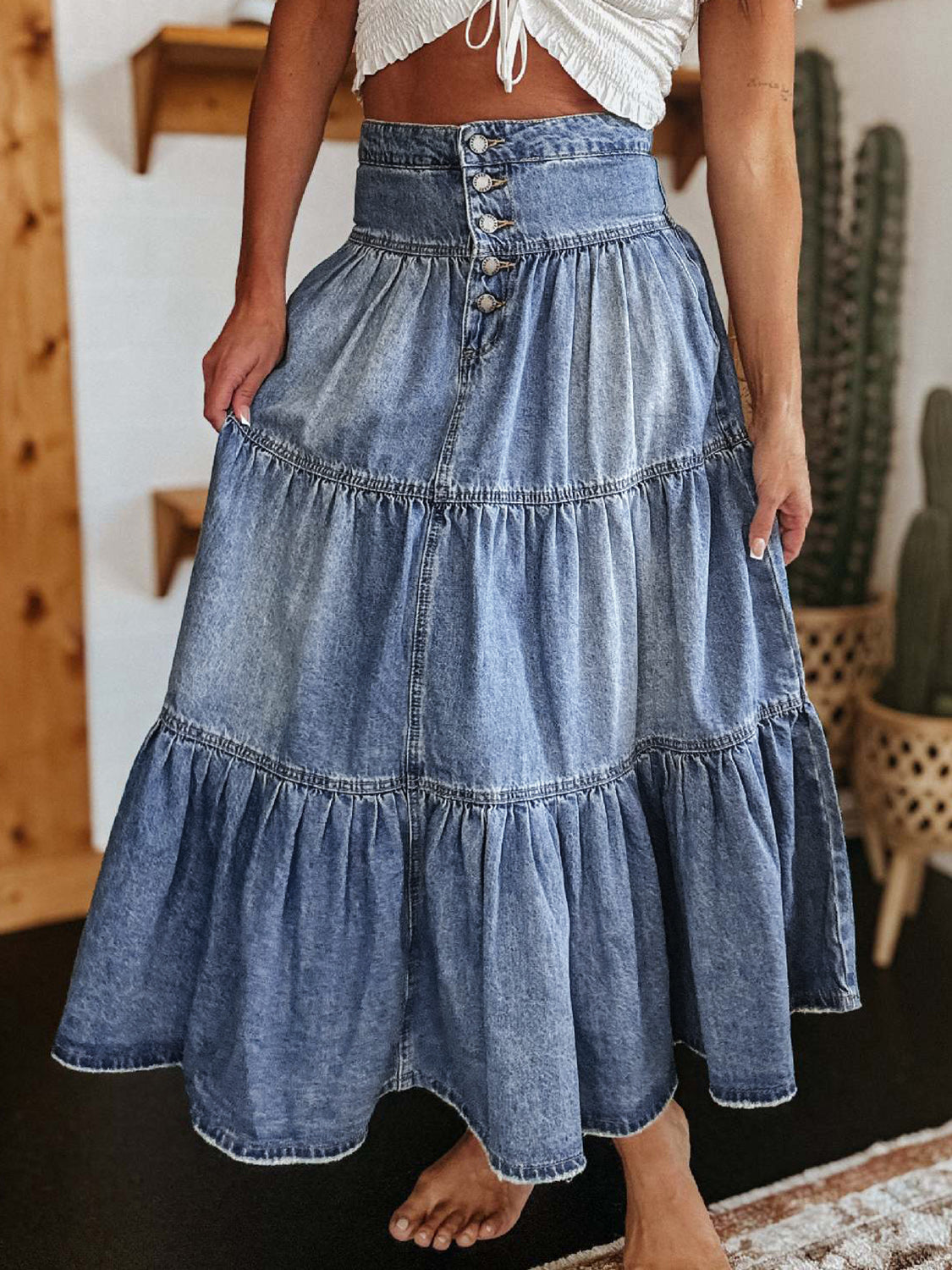 Tiered Button-Fly Denim Skirt - Little Miss Vanilla