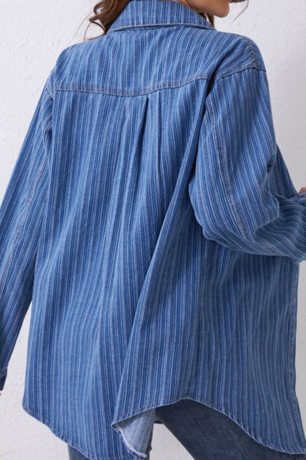 Striped Texture Collared Neck Denim Top - Little Miss Vanilla