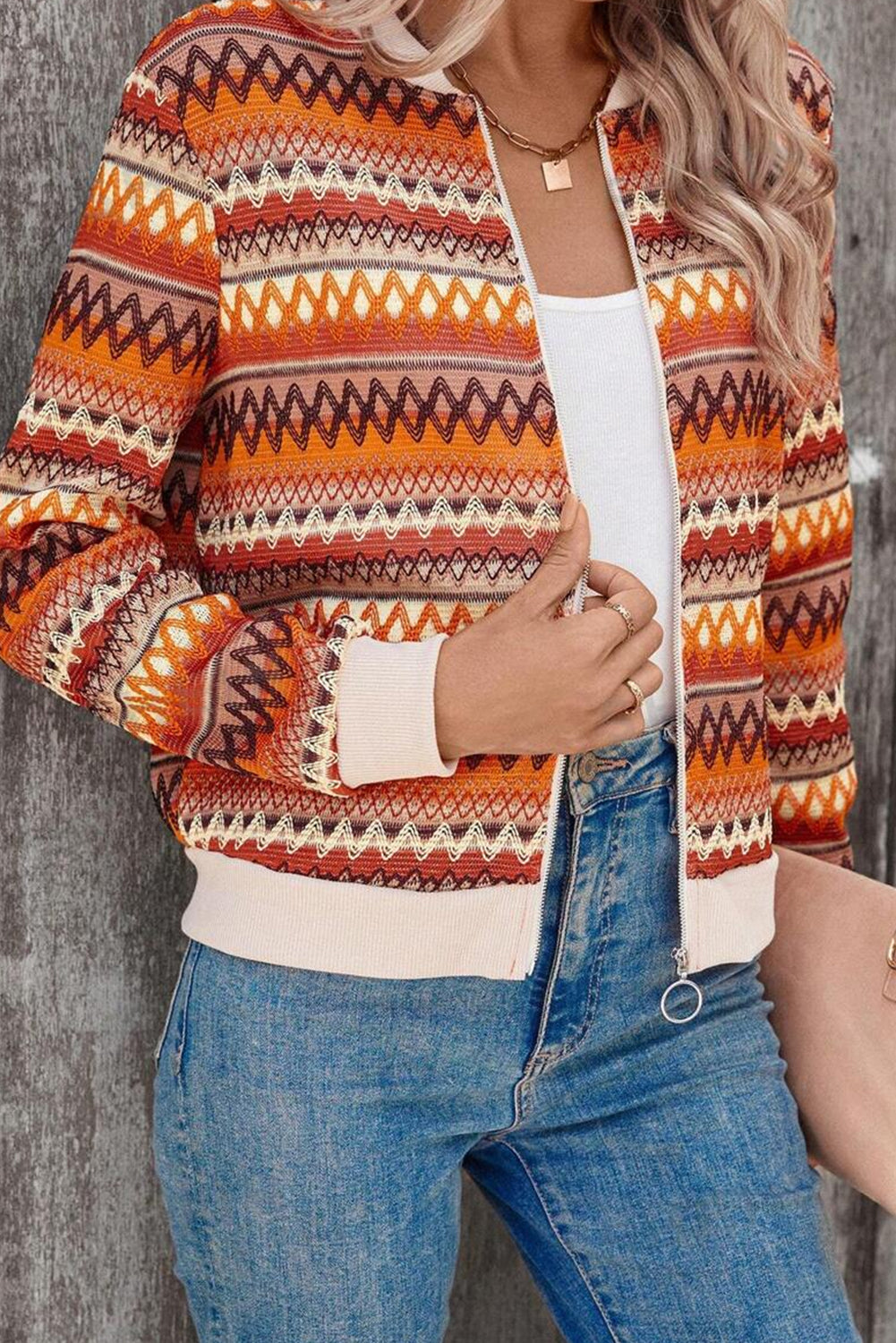 Orange Boho Striped Zip Up Long Sleeve Jacket - Little Miss Vanilla