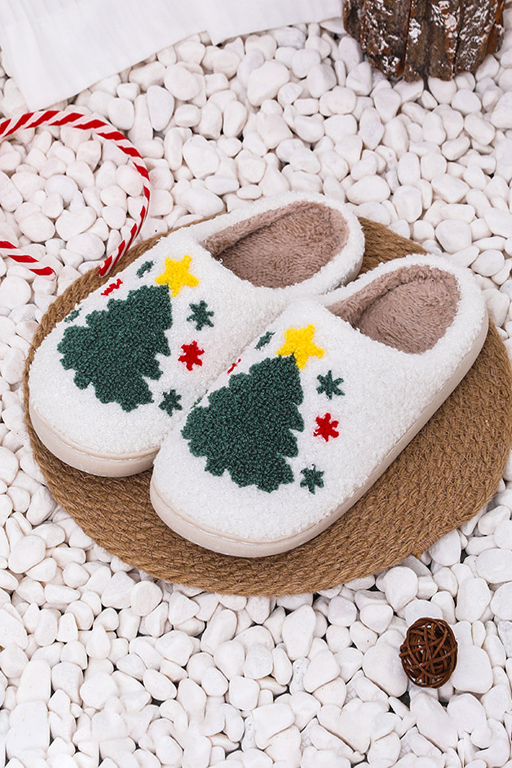 White Fuzzy Christmas Tree Pattern Home Slippers - Little Miss Vanilla