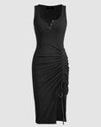 Black Drawstring Ruched Side Split Ribbed Midi Dress