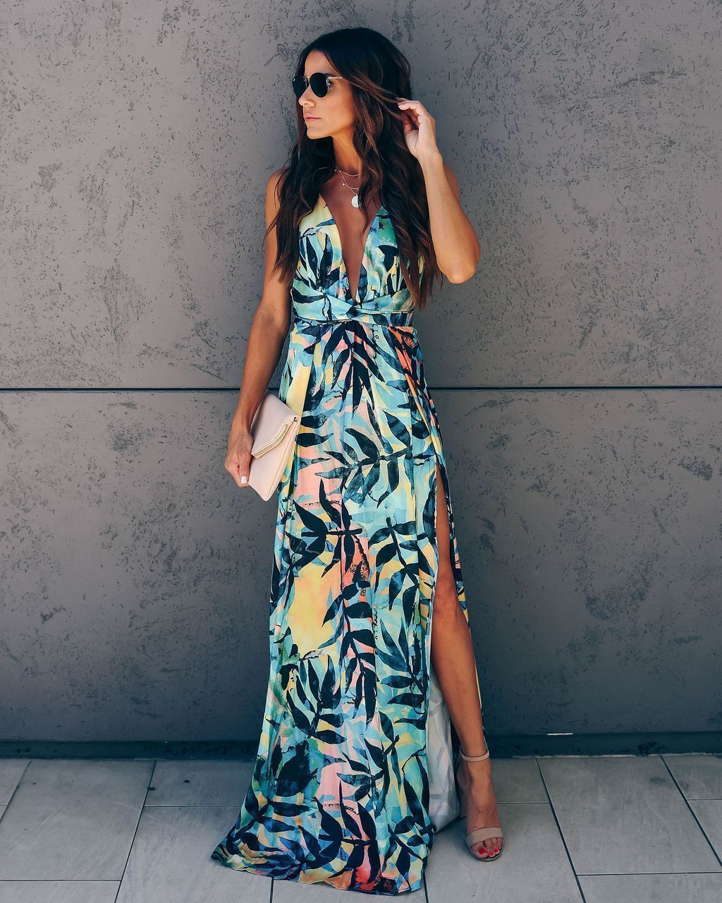 Mid-sleeve V-neck printed slim dress maxi - Little Miss Vanilla