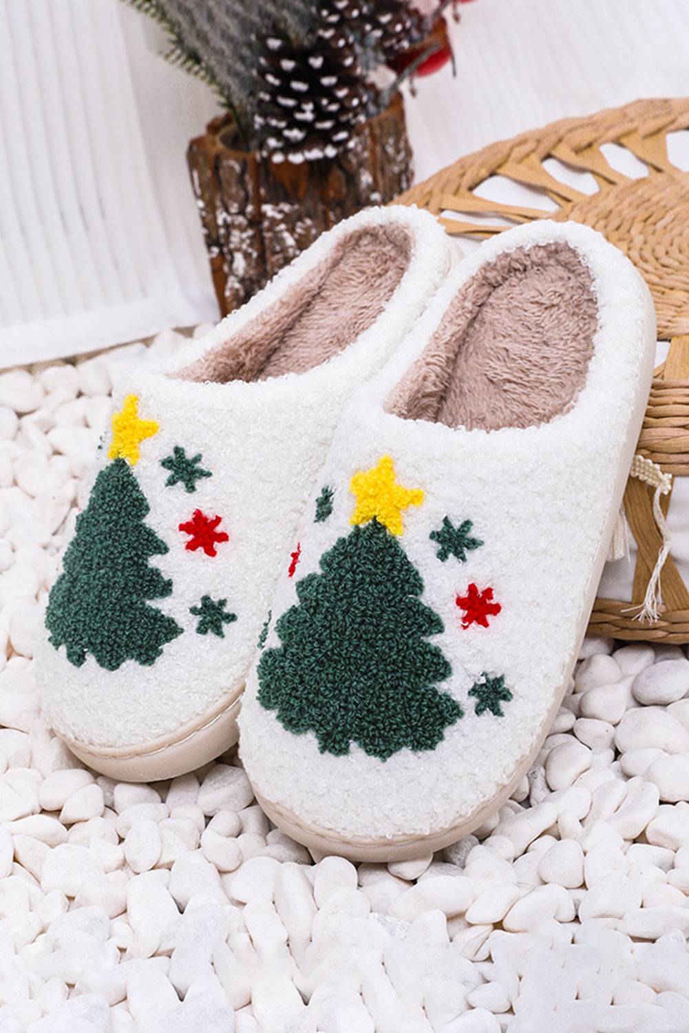 White Fuzzy Christmas Tree Pattern Home Slippers - Little Miss Vanilla