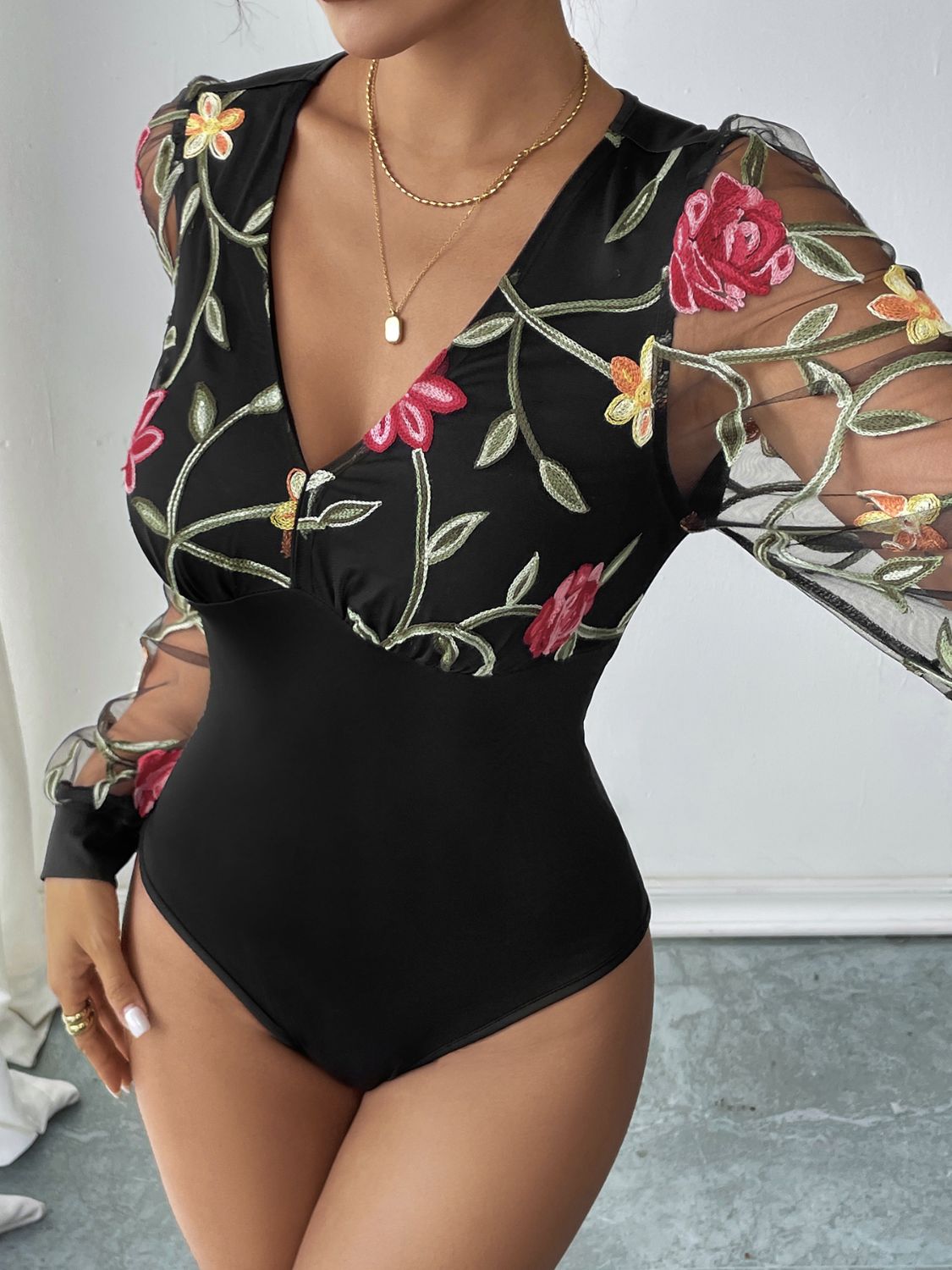 Perfee Embroidered V-Neck Long Sleeve Bodysuit - Little Miss Vanilla