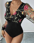 Perfee Embroidered V-Neck Long Sleeve Bodysuit - Little Miss Vanilla