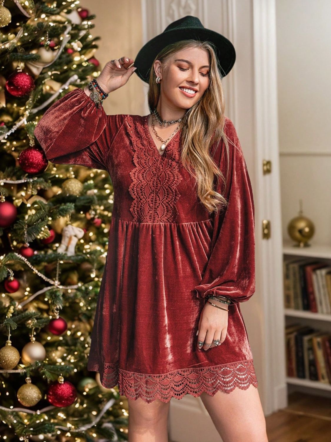 Plus Size Lace Detail V-Neck Long Sleeve Mini Dress - Little Miss Vanilla