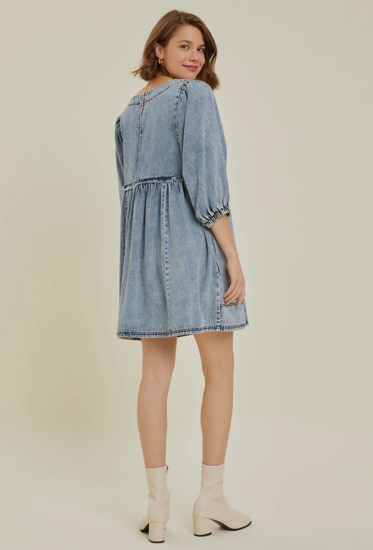 Cutout Round Neck Balloon Sleeve Denim Dress - Little Miss Vanilla