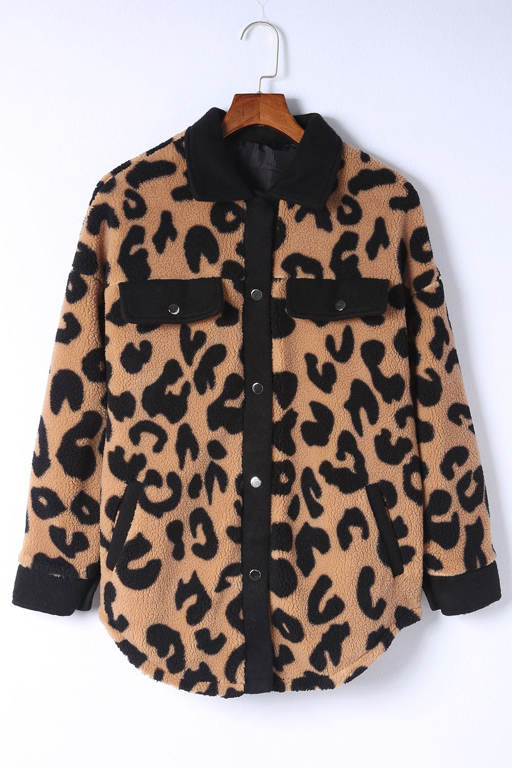 Black Contrast Trimmed Leopard Teddy Shacket - Little Miss Vanilla