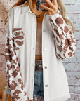 White Cow Spot Patchwork Flap Pocket Distressed Hem Long Denim Jacket