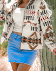 Beige Aztec Printed Stand Neck Zip Up Jacket - Little Miss Vanilla