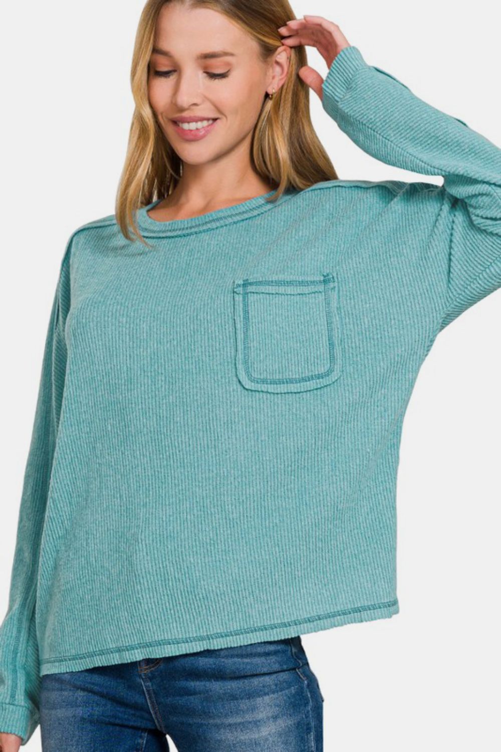 Zenana Full Size Contrast Stitching Brushed Ribbed Hacci Knit Top Plu Size - Little Miss Vanilla