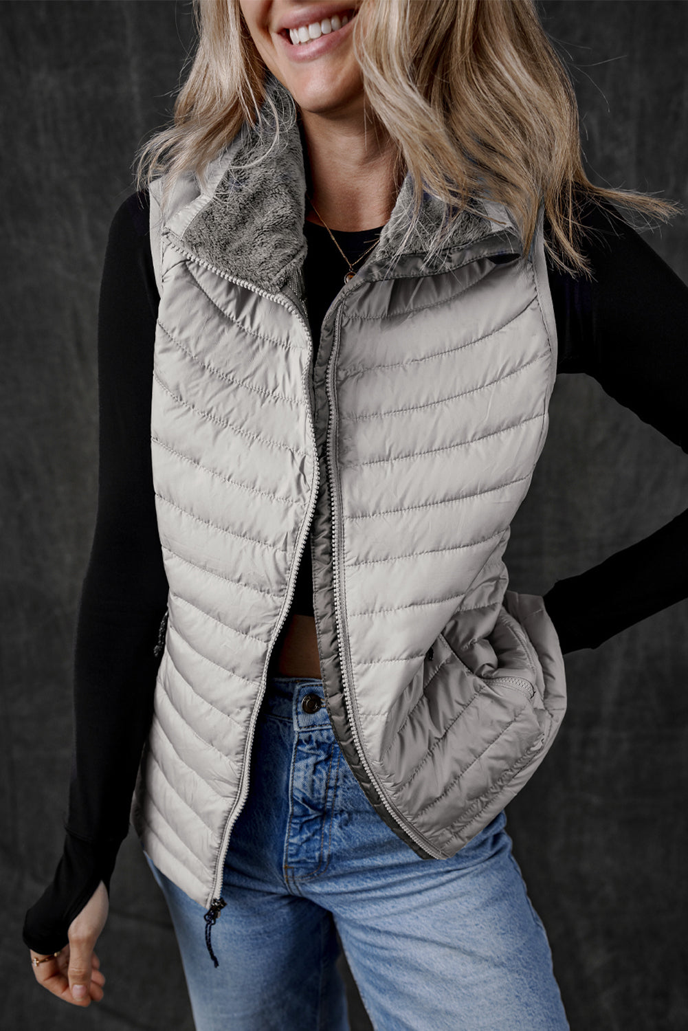 Silvery Plush Collared Quilted Zipped Puffer Vest - Little Miss Vanilla