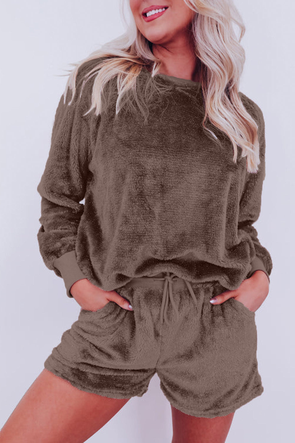 Coffee Solid Loose Fit Two Piece Fleece Lounge Set - Little Miss Vanilla