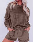 Coffee Solid Loose Fit Two Piece Fleece Lounge Set - Little Miss Vanilla