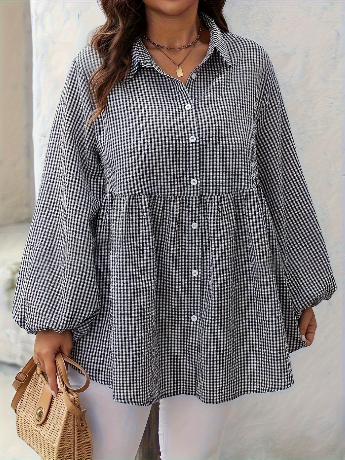 Plus Size Plaid Collared Neck Long Sleeve Shirt - Little Miss Vanilla