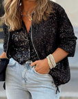 Black Sequin Zip up Round Neck Long Sleeve Jacket