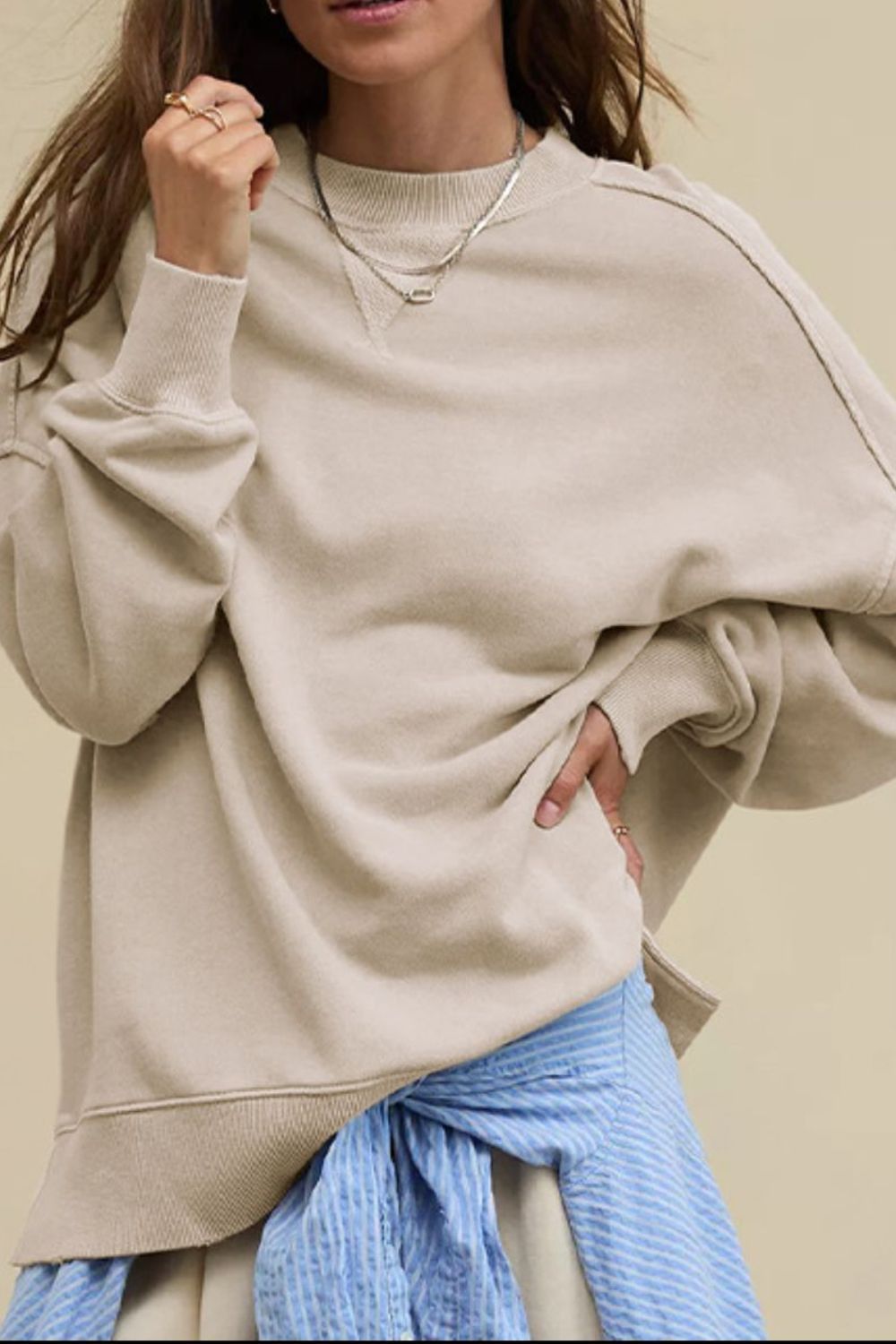 Side Slit Round Neck Long Sleeve Sweatshirt - Little Miss Vanilla