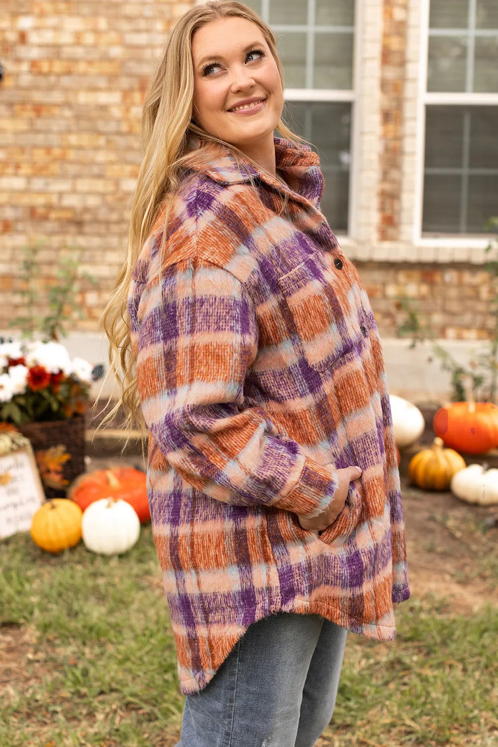 Plus Size Plaid Collared Neck Long Sleeve Jacket - Little Miss Vanilla