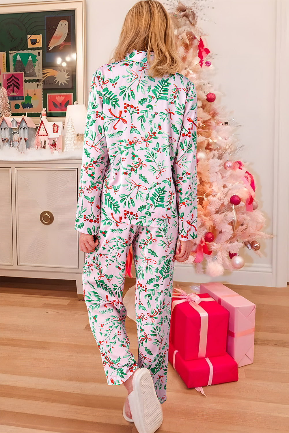 Pink Christmas Berries Plant Print Satin Long Sleeve Pajama Set - Little Miss Vanilla