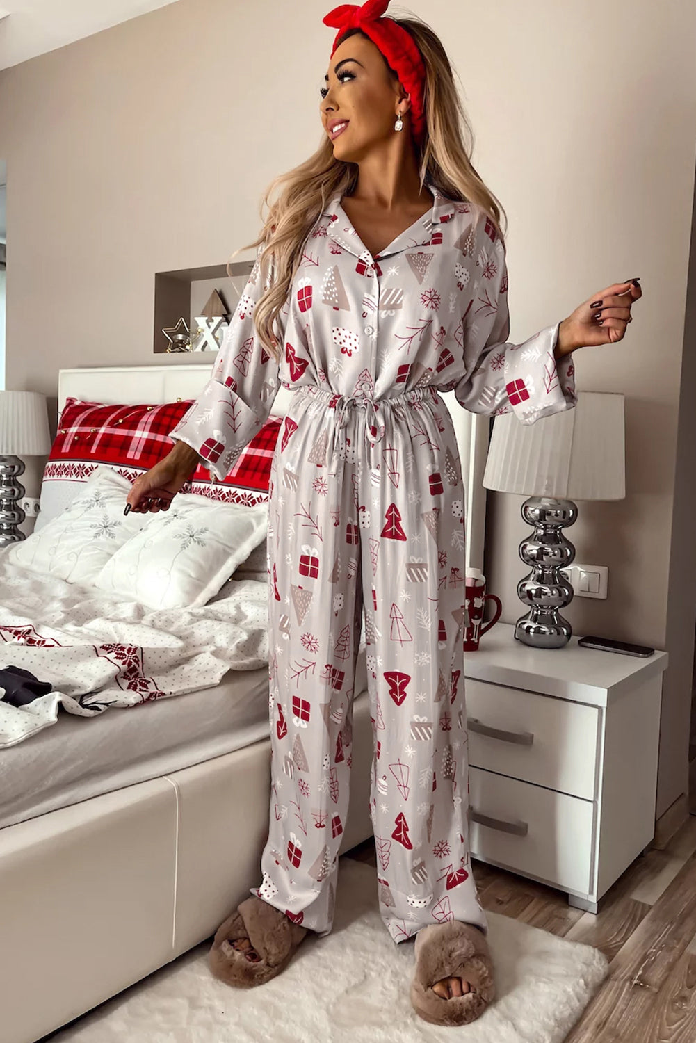 Light Grey Christmas Printed Shirt and Pants Pajama Set - Little Miss Vanilla