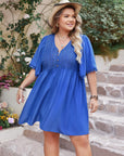 Plus Size Openwork Button Up V-Neck Short Sleeve Dress - Little Miss Vanilla