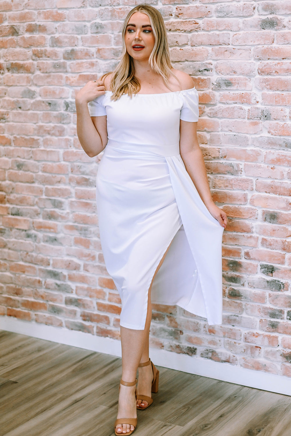 Off-Shoulder Short Sleeve Split Dress - Little Miss Vanilla