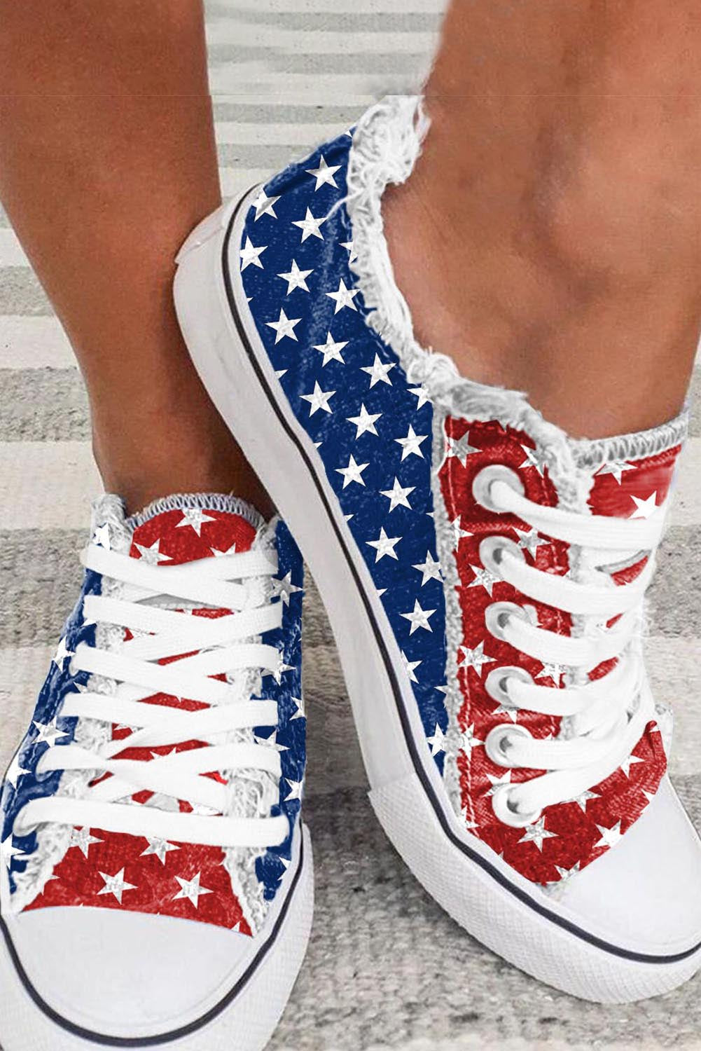 Multicolor American Flag Stars Printed Frayed Detail Lace-up Shoes - Little Miss Vanilla