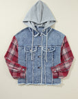 Beau Blue Plaid Print Patchwork Hooded Raw Hem Denim Jacket