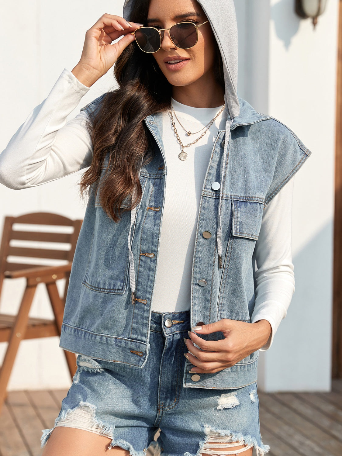 Drawstring Button Up Sleeveless Denim Jacket - Little Miss Vanilla