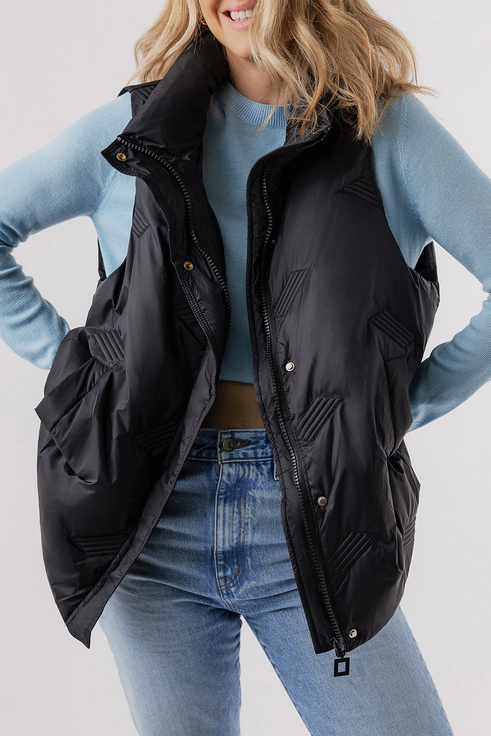 Black Quilted High Neck Zip Up Jacket Vest - Little Miss Vanilla