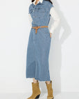 Slit Half Button Collared Neck Cap Sleeve Denim Dress - Little Miss Vanilla