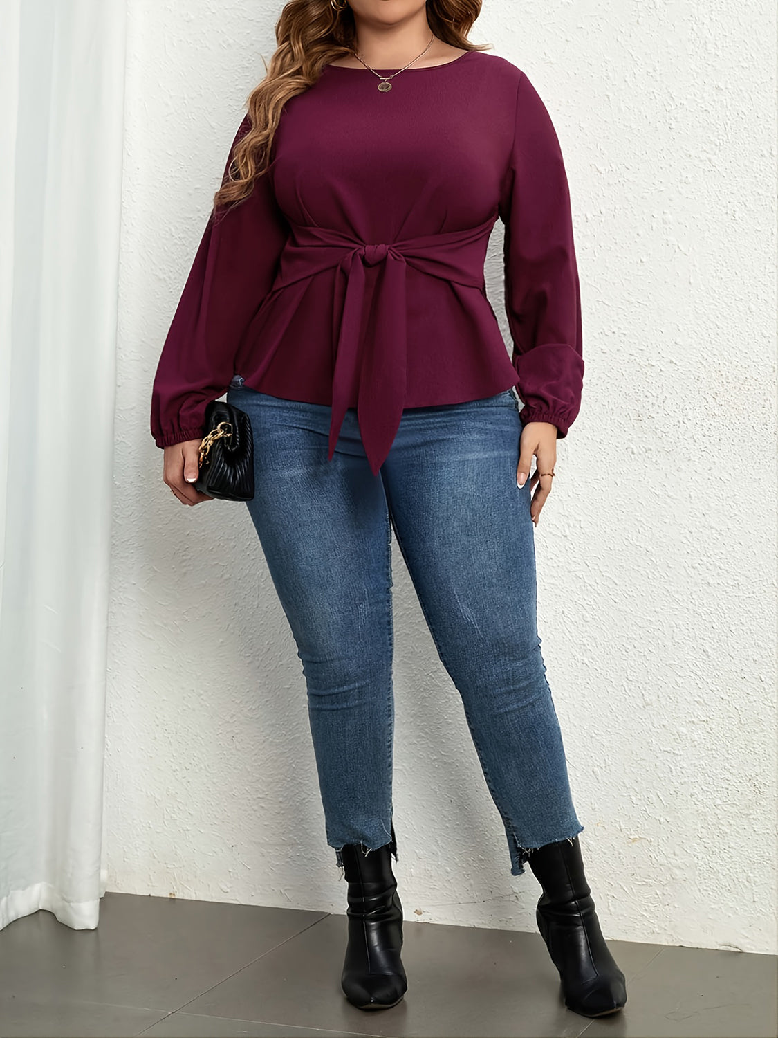 Plus Size Tie Front Long Sleeve Blouse - Little Miss Vanilla