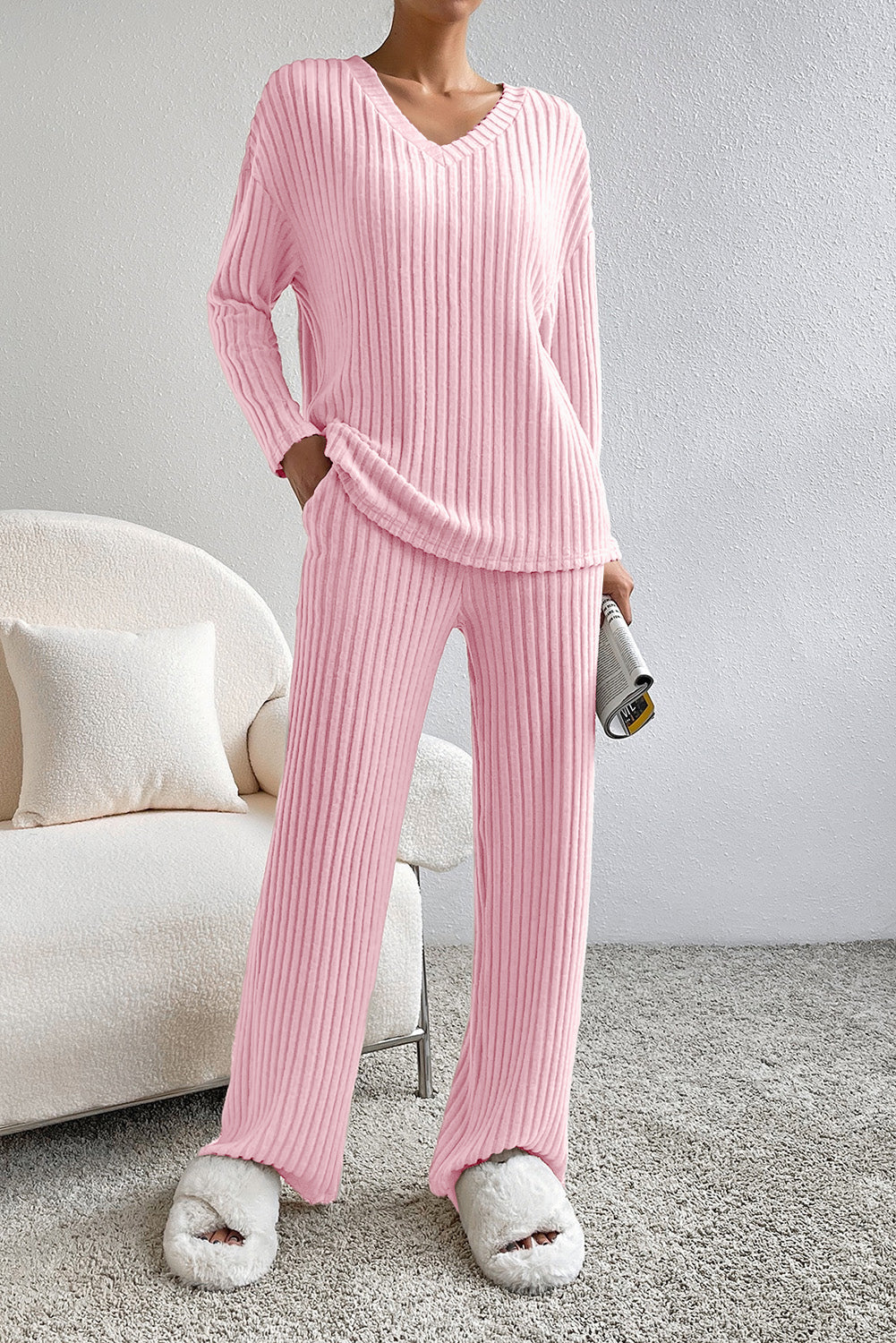 Light Pink Ribbed Knit V Neck Slouchy Two-piece Outfit - Little Miss Vanilla