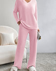 Light Pink Ribbed Knit V Neck Slouchy Two-piece Outfit - Little Miss Vanilla