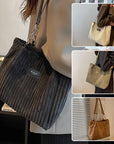 Retro Large Capacity Shoulder Bag Casual Simple Portable Shopper Tote Bag Corduroy Solid Commuter Zipper Women's Handbag