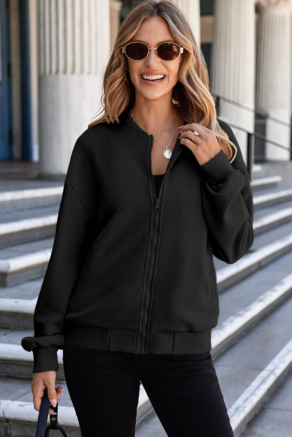 Black Solid Textured Stand Neck Zipper Bomber Jacket - Little Miss Vanilla